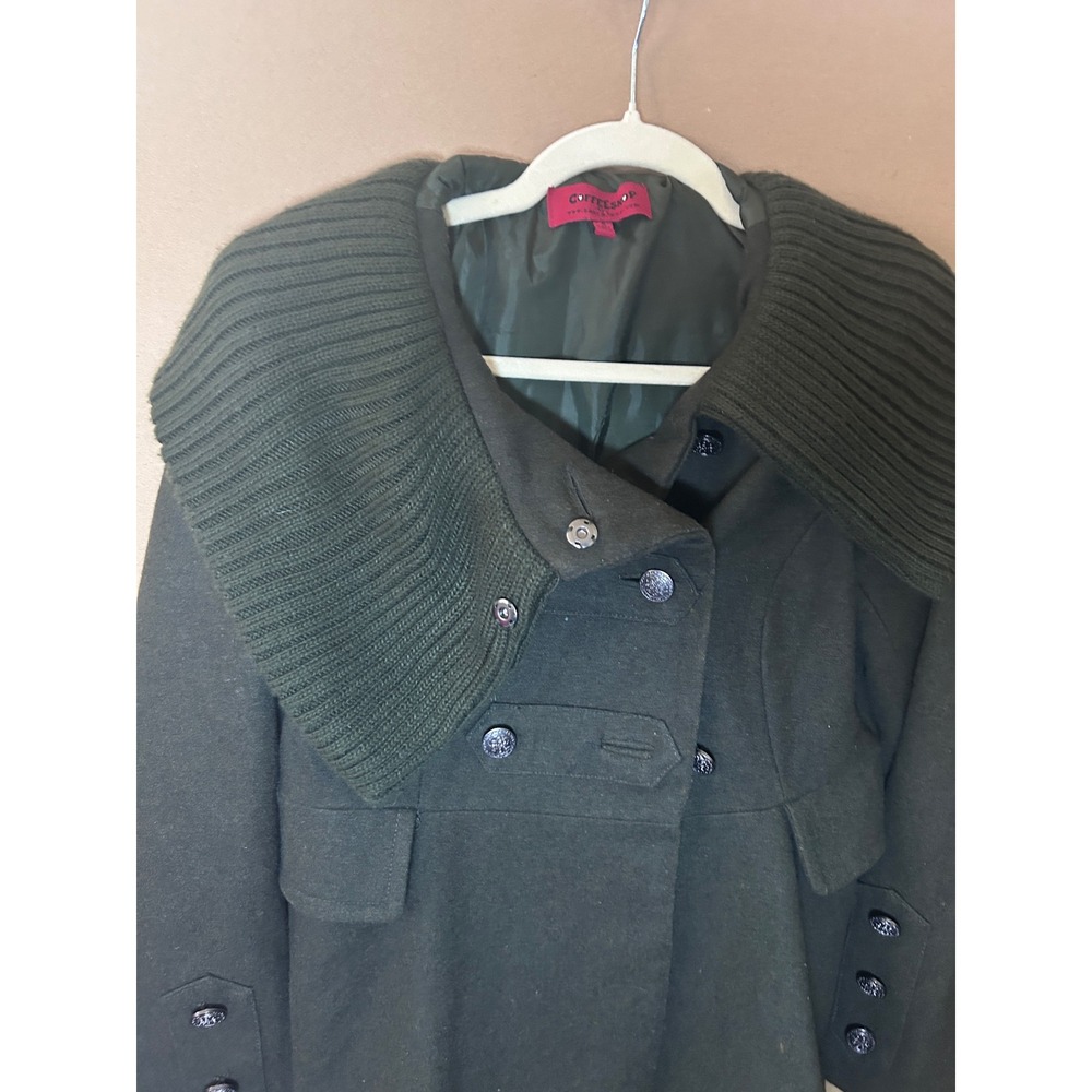 Coffeeshop Pea Coat Wool Small Green Excellent Knit Collar Double Breasted - Picture 2 of 9